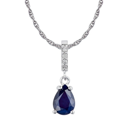 10k White Gold Genuine Pear Shape Sapphire and Diamond Drop Pendant Necklace