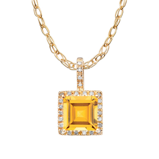 10k Yellow Gold Genuine Princess Citrine and Diamond Halo Necklace