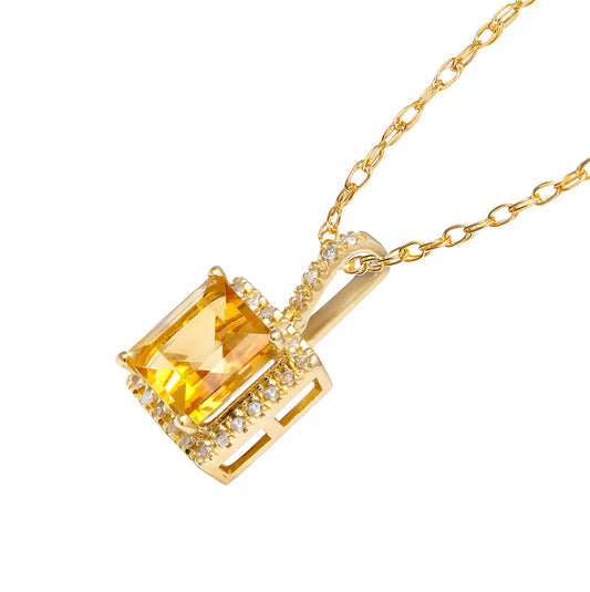 10k Yellow Gold Genuine Princess Citrine and Diamond Halo Necklace