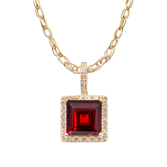 10k Yellow Gold Genuine Princess Garnet and Diamond Halo Necklace
