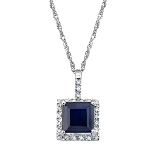 10k White Gold Princess Sapphire and Diamond Halo Pendant Necklace