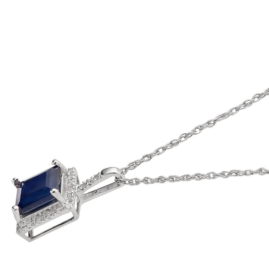 10k White Gold Princess Sapphire and Diamond Halo Pendant Necklace