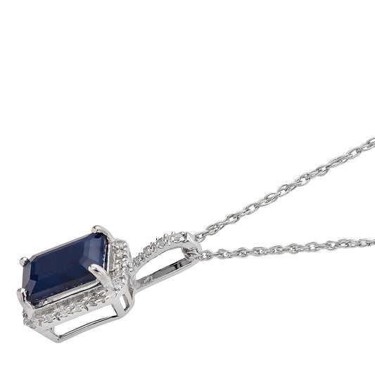 10k White Gold Emerald Cut Sapphire and Diamond Halo Pendant Necklace