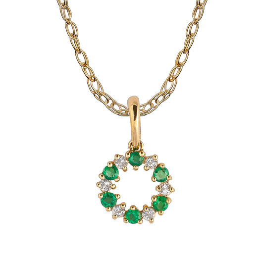 10k Yellow Gold Genuine Emerald and White Topaz Petite Circle Pendant Necklace
