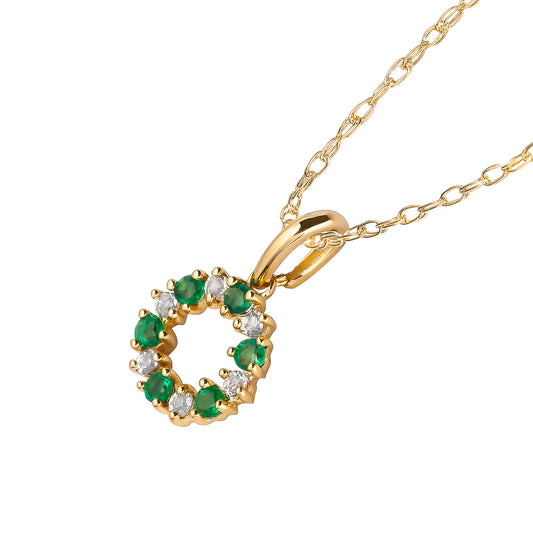 10k Yellow Gold Genuine Emerald and White Topaz Petite Circle Pendant Necklace
