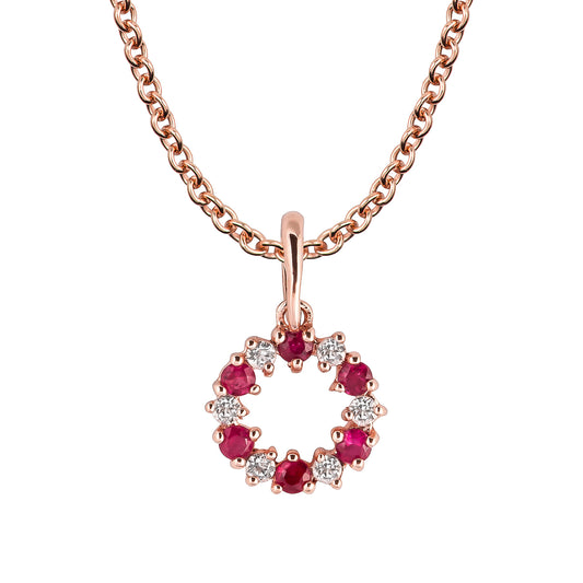 10k Rose Gold Genuine Ruby and White Topaz Petite Circle Pendant Necklace