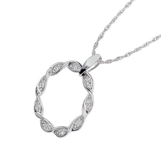 10k White Gold Braided Circle Diamond Pendant Necklace