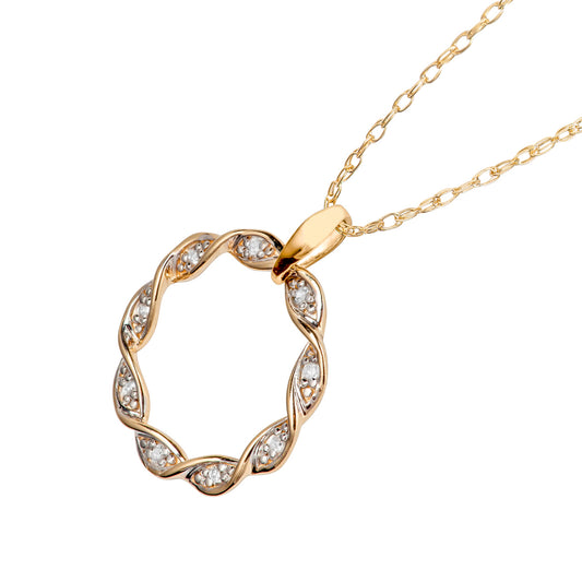 10k Yellow Gold Braided Circle Diamond Pendant Necklace