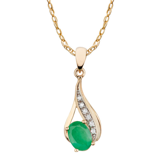 10k Yellow Gold Genuine Oval Emerald and Diamond Drop Pendant Necklace