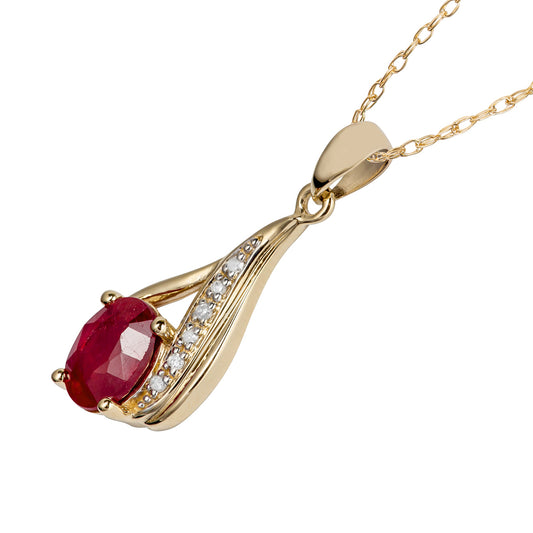 10k Yellow Gold Genuine Oval Ruby and Diamond Drop Pendant Necklace