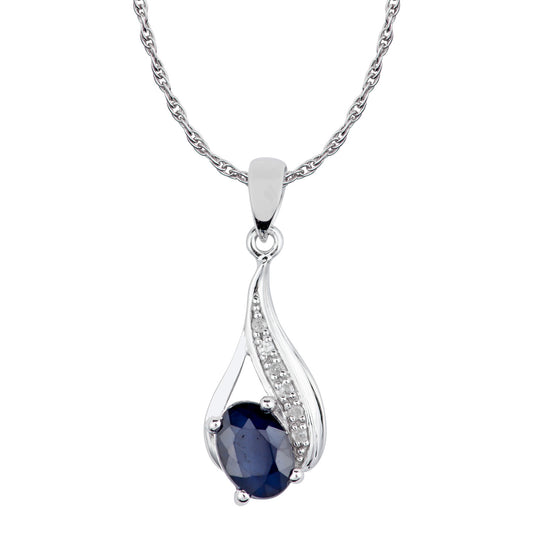 10k White Gold Genuine Oval Sapphire and Diamond Drop Pendant Necklace