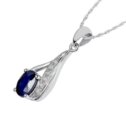 10k White Gold Genuine Oval Sapphire and Diamond Drop Pendant Necklace