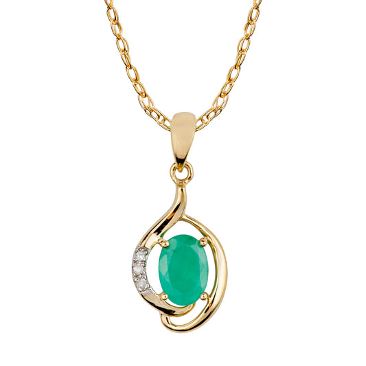 10k Yellow Gold Genuine Oval Emerald and Diamond Pendant Necklace
