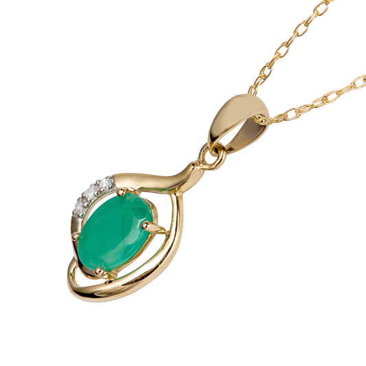 10k Yellow Gold Genuine Oval Emerald and Diamond Pendant Necklace