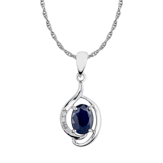 10k White Gold Genuine Oval Sapphire and Diamond Pendant Necklace