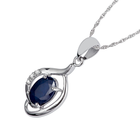 10k White Gold Genuine Oval Sapphire and Diamond Pendant Necklace