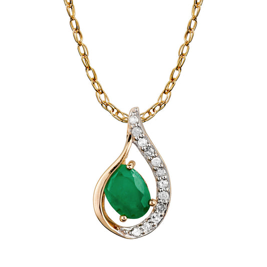 10k Yellow Gold Genuine Oval Emerald and Diamond Halo Drop Pendant Necklace