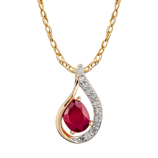 10k Yellow Gold Genuine Oval Ruby and Diamond Halo Drop Pendant Necklace