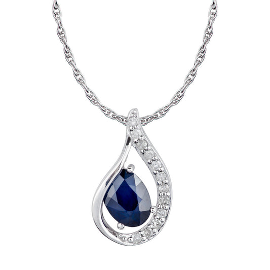 10k White Gold Genuine Oval Sapphire and Diamond Halo Drop Pendant Necklace