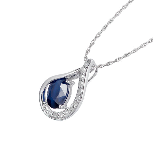 10k White Gold Genuine Oval Sapphire and Diamond Halo Drop Pendant Necklace
