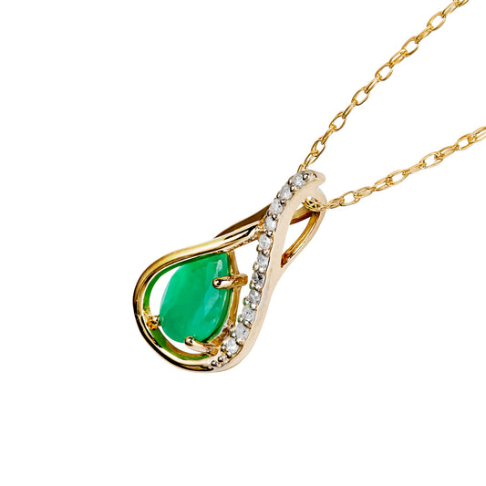 10k Yellow Gold Genuine Pear shape Emerald and Diamond Halo Drop Pendant Necklace