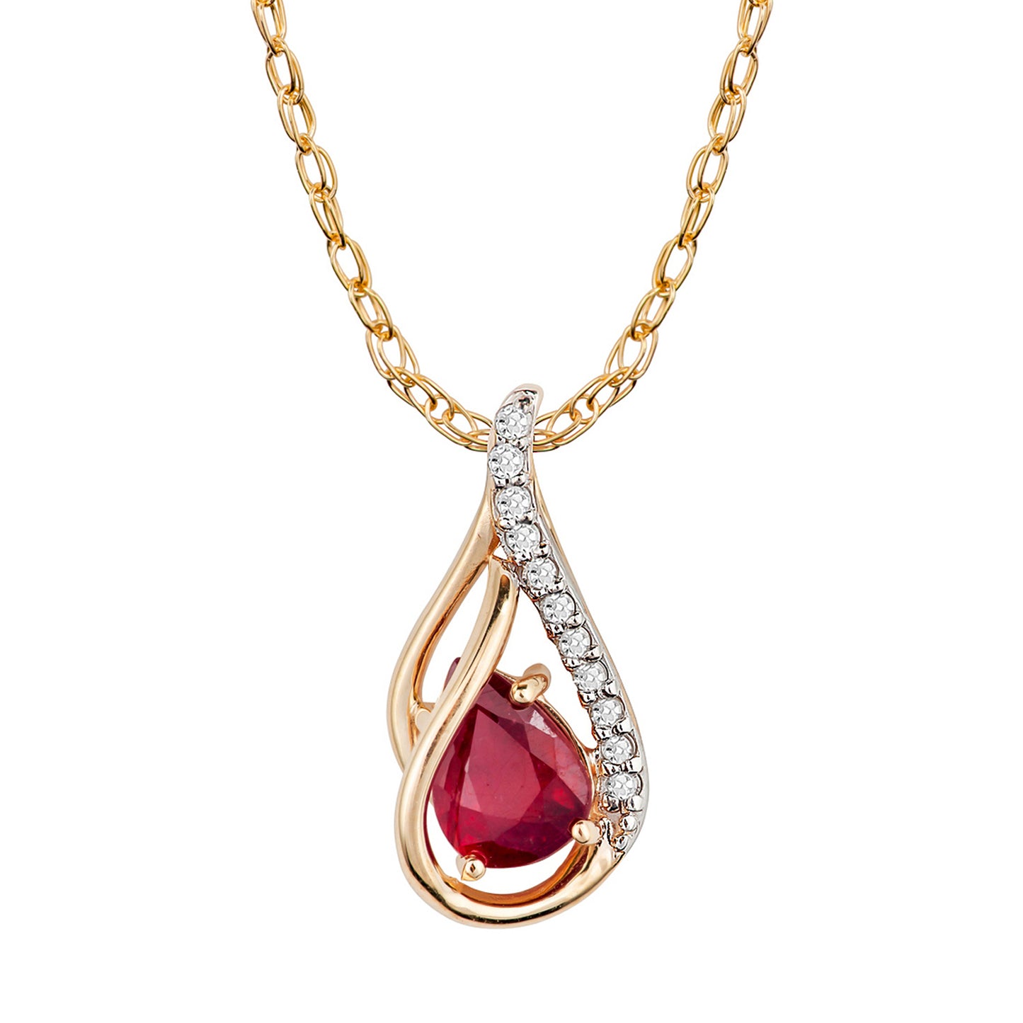 10k Yellow Gold Genuine Pear shape Ruby and Diamond Halo Drop Pendant Necklace