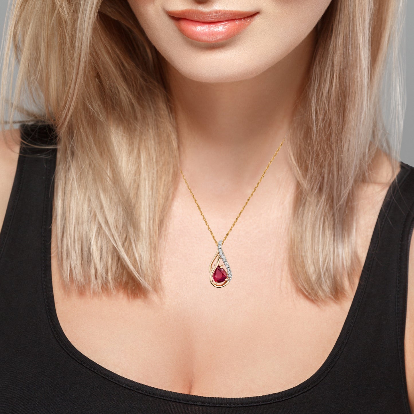 10k Yellow Gold Genuine Pear shape Ruby and Diamond Halo Drop Pendant Necklace