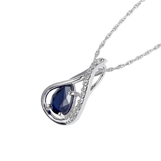 10k White Gold Genuine Pear shape Sapphire and Diamond Halo Drop Pendant Necklace