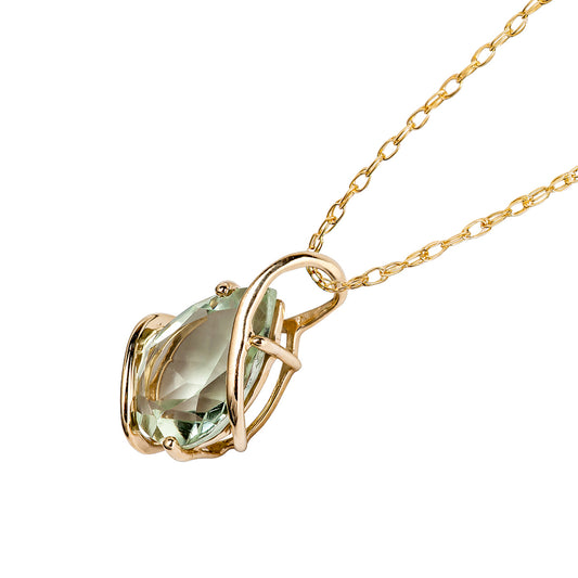 10k Yellow Gold Genuine Pear shape Green Amethyst Teardrop Pendant Necklace
