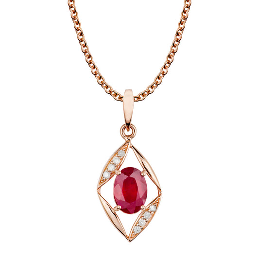 10k Rose Gold Genuine Oval Ruby and Diamond Pendant Necklace