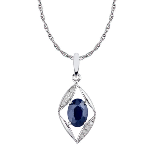 10k White Gold Genuine Oval Sapphire and Diamond Pendant Necklace1