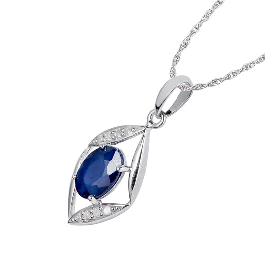 10k White Gold Genuine Oval Sapphire and Diamond Pendant Necklace1