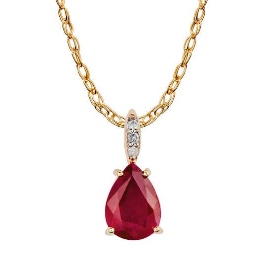 10k Yellow Gold Genuine Pear Shape Ruby and Diamond Teardrop Pendant Necklace