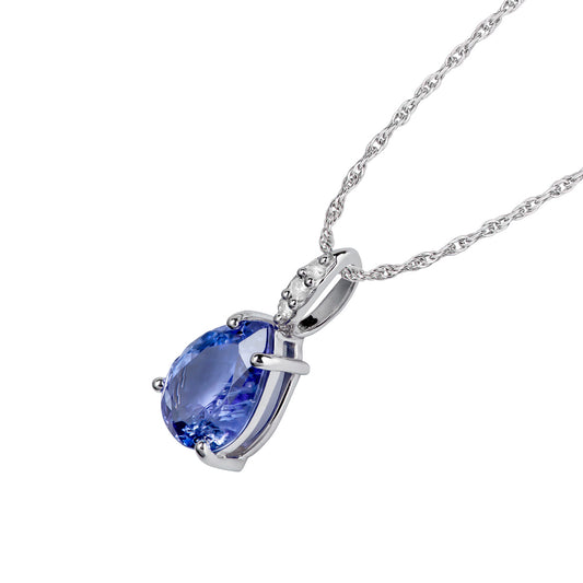 10k White Gold Genuine Pear Shape Tanzanite and Diamond Teardrop Pendant Necklace