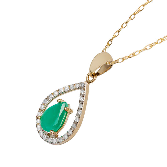 10k Yellow Gold Genuine Pear Shape Emerald and Diamond Halo Teardrop Pendant Necklace