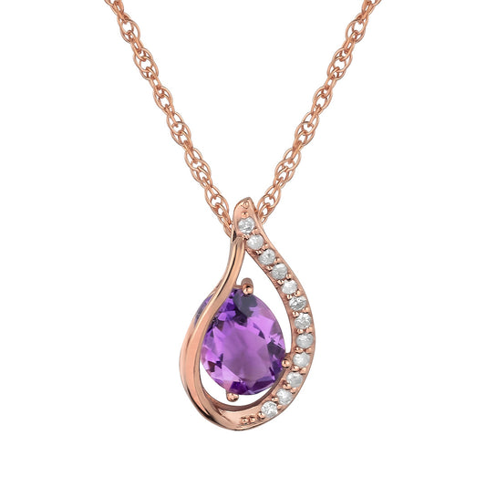10k Rose Gold Genuine Oval Amethyst and Diamond Halo Drop Pendant Necklace
