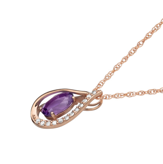 10k Rose Gold Genuine Oval Amethyst and Diamond Halo Drop Pendant Necklace