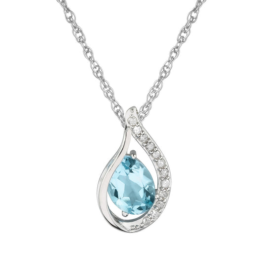 10k White Gold Genuine Oval Blue Topaz and Diamond Halo Drop Pendant Necklace