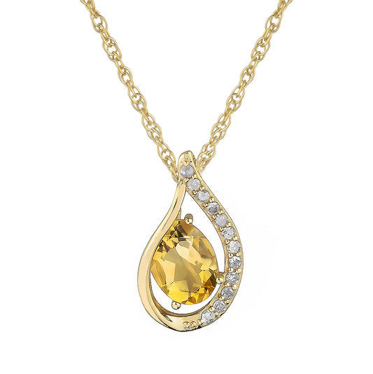 10k Yellow Gold Genuine Oval Citrine and Diamond Halo Drop Pendant Necklace