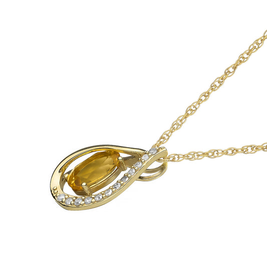 10k Yellow Gold Genuine Oval Citrine and Diamond Halo Drop Pendant Necklace