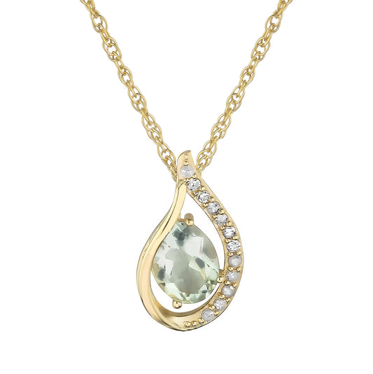 10k Yellow Gold Genuine Oval Green Amethyst and Diamond Halo Drop Pendant Necklace