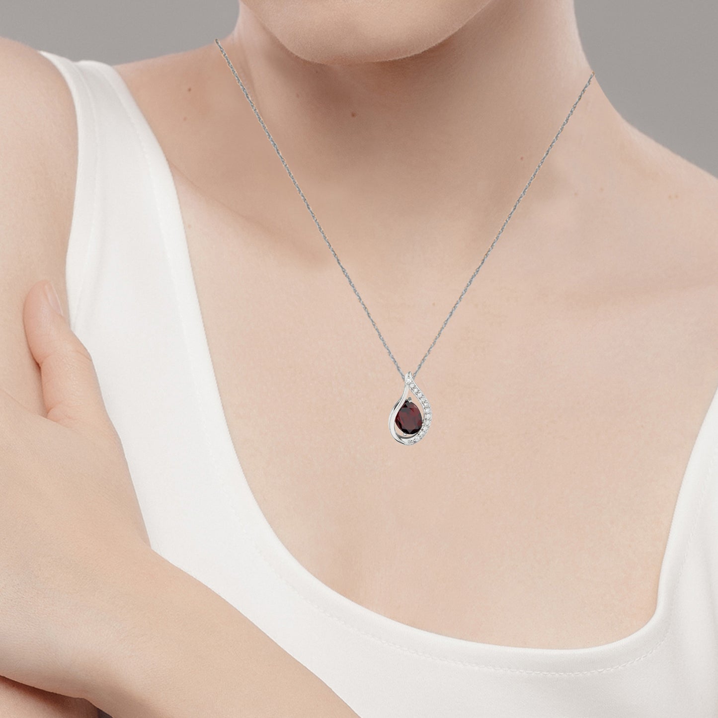 10k White Gold Genuine Oval Garnet and Diamond Halo Drop Pendant Necklace