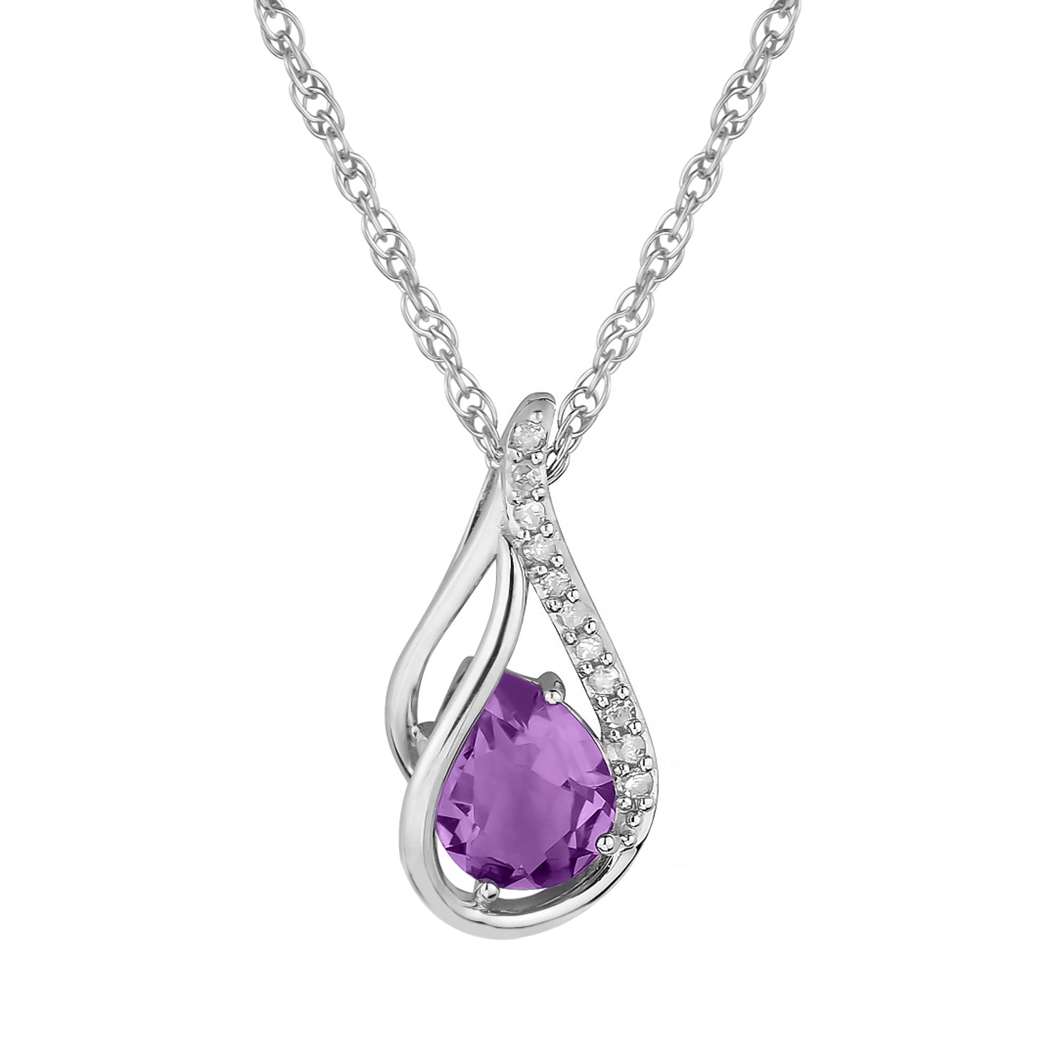 10k White Gold Genuine Pear shape Amethyst and Diamond Halo Drop Pendant Necklace