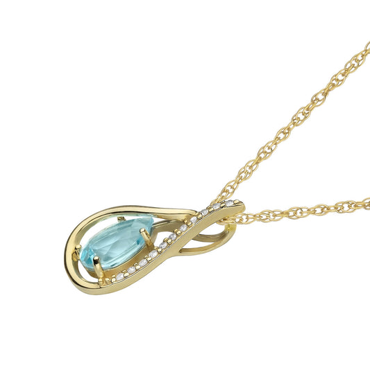 10k Yellow Gold Genuine Pear shape Blue Topaz and Diamond Halo Drop Pendant Necklace