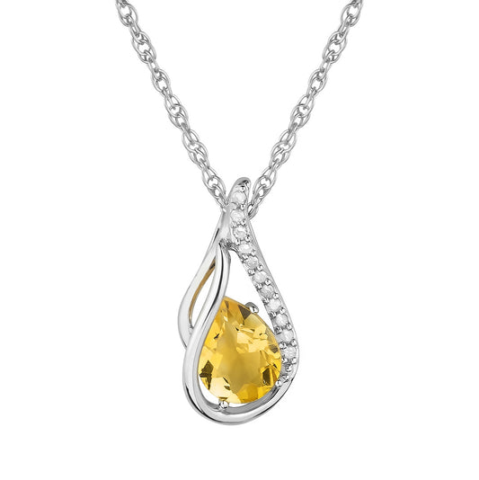 10k White Gold Genuine Pear shape Citrine and Diamond Halo Drop Pendant Necklace