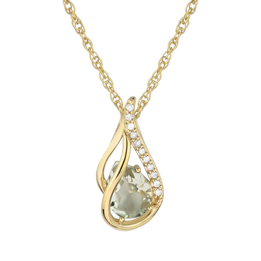 10k Yellow Gold Genuine Pear shape Green Amethyst and Diamond Halo Drop Pendant Necklace
