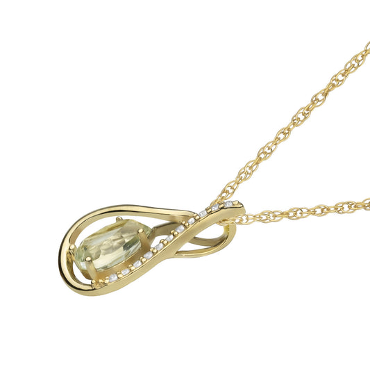 10k Yellow Gold Genuine Pear shape Green Amethyst and Diamond Halo Drop Pendant Necklace