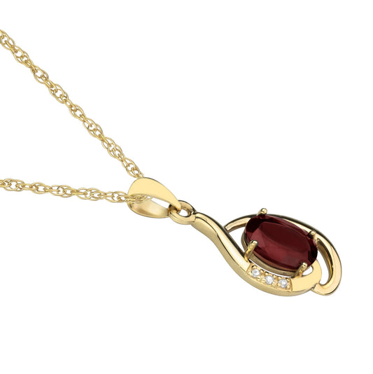 10k Yellow Gold Genuine Oval Garnet and Diamond Pendant Necklace