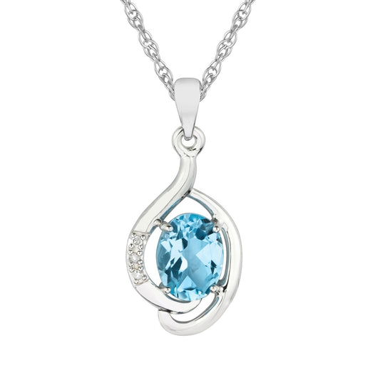 10k White Gold Genuine Oval Blue Topaz and Diamond Pendant Necklace