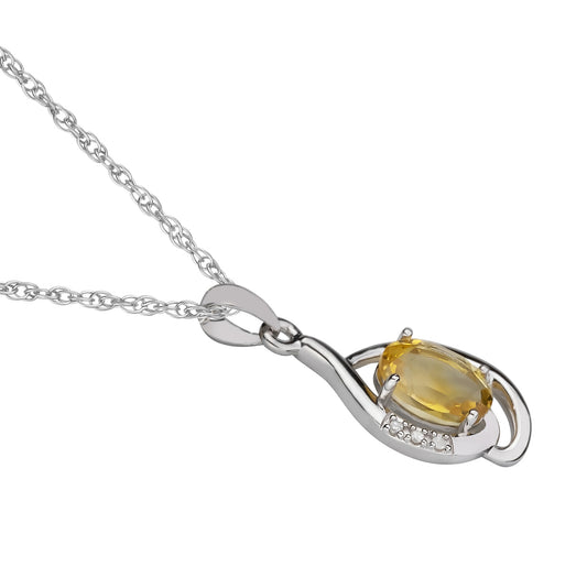 10k White Gold Genuine Oval Citrine and Diamond Pendant Necklace